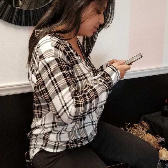 Black and cream plaid faux wrap button up shirt - Picture 2 of 3